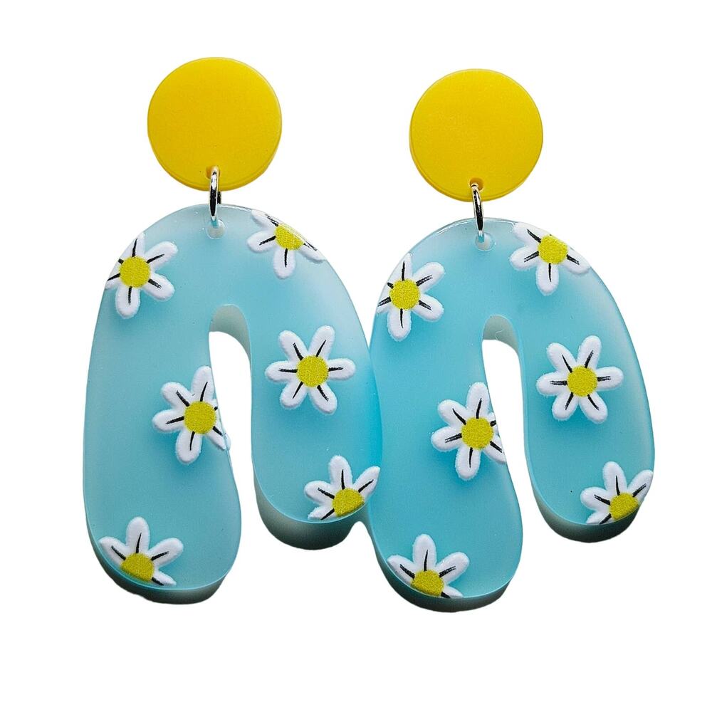 Acrylic Asymmetrical Arch with White Flowers‎ Dangle Earrings Cottage